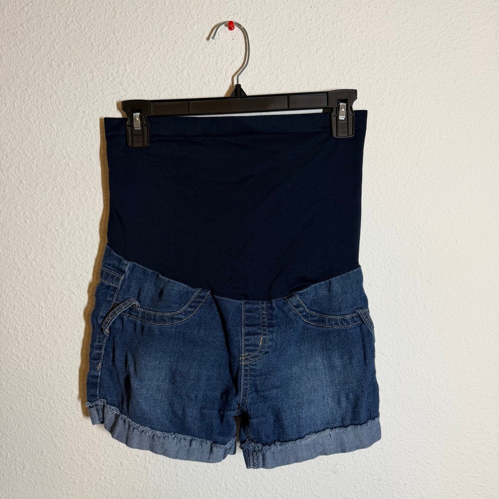 Maternity Denim Shorts Blue Over Belly Panel Cuffed Flap Pocket Size S